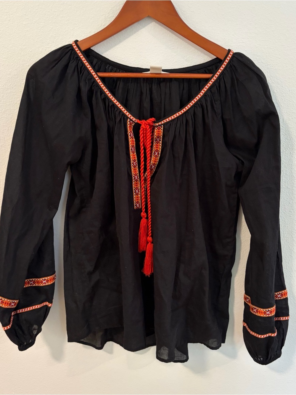H&M Black Peasant Blouse with Red Embroidered Trim